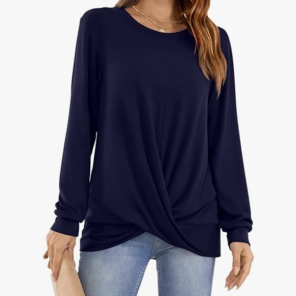 ⭐️nwt YSYOKOW Long Sleeve Casual Crew Neck Loose Fit Front Twist Knot Blouse⭐️ - Picture 4 of 10